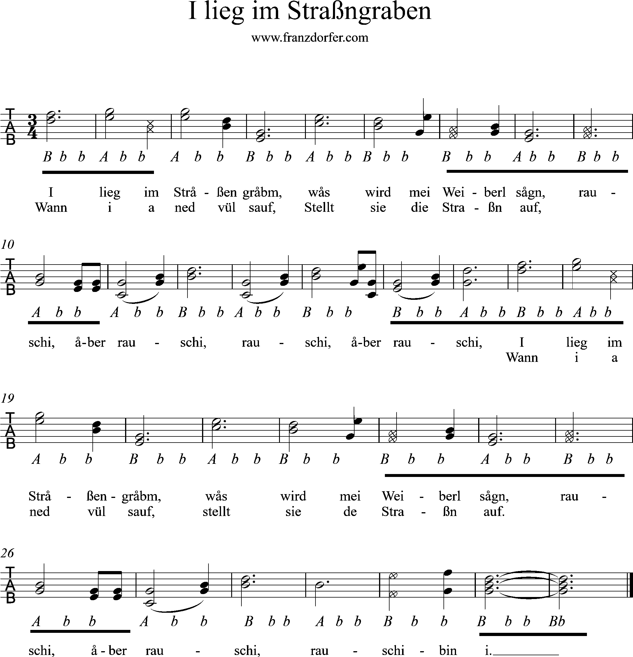 ziachnoten, quetschn, steirische lernen- ilieg im strassengrabn griffschrift, i lieg im strassengraben